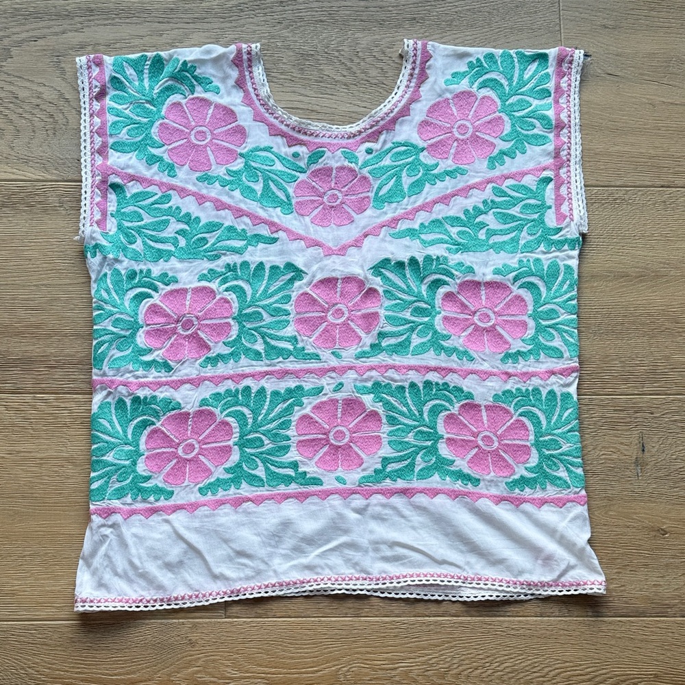 Gorgeous Hand-Embroidered Pink & Green Floral Top - Picture 3 of 6